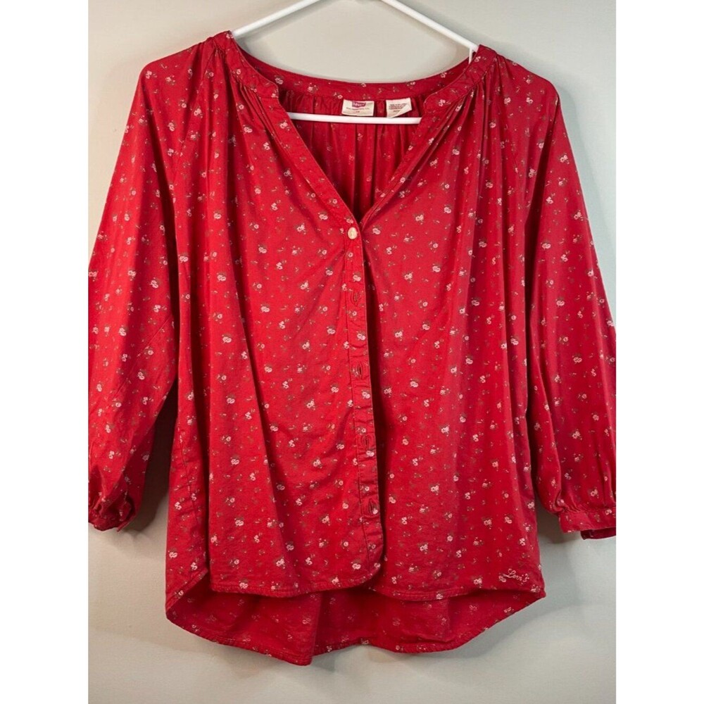 Levi's Red Mirabelle 3/4 Sleeves Top Floral Button Up Women's Blouse Size XS
